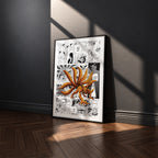 Kurama Nine-Tailed Fox manga poster inspired by Naruto in a black frame against a charcoal gray wall