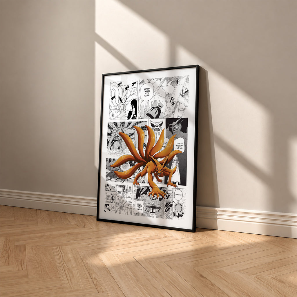 Kurama Nine-Tailed Fox manga poster inspired by Naruto in a black frame against a warm beige wall