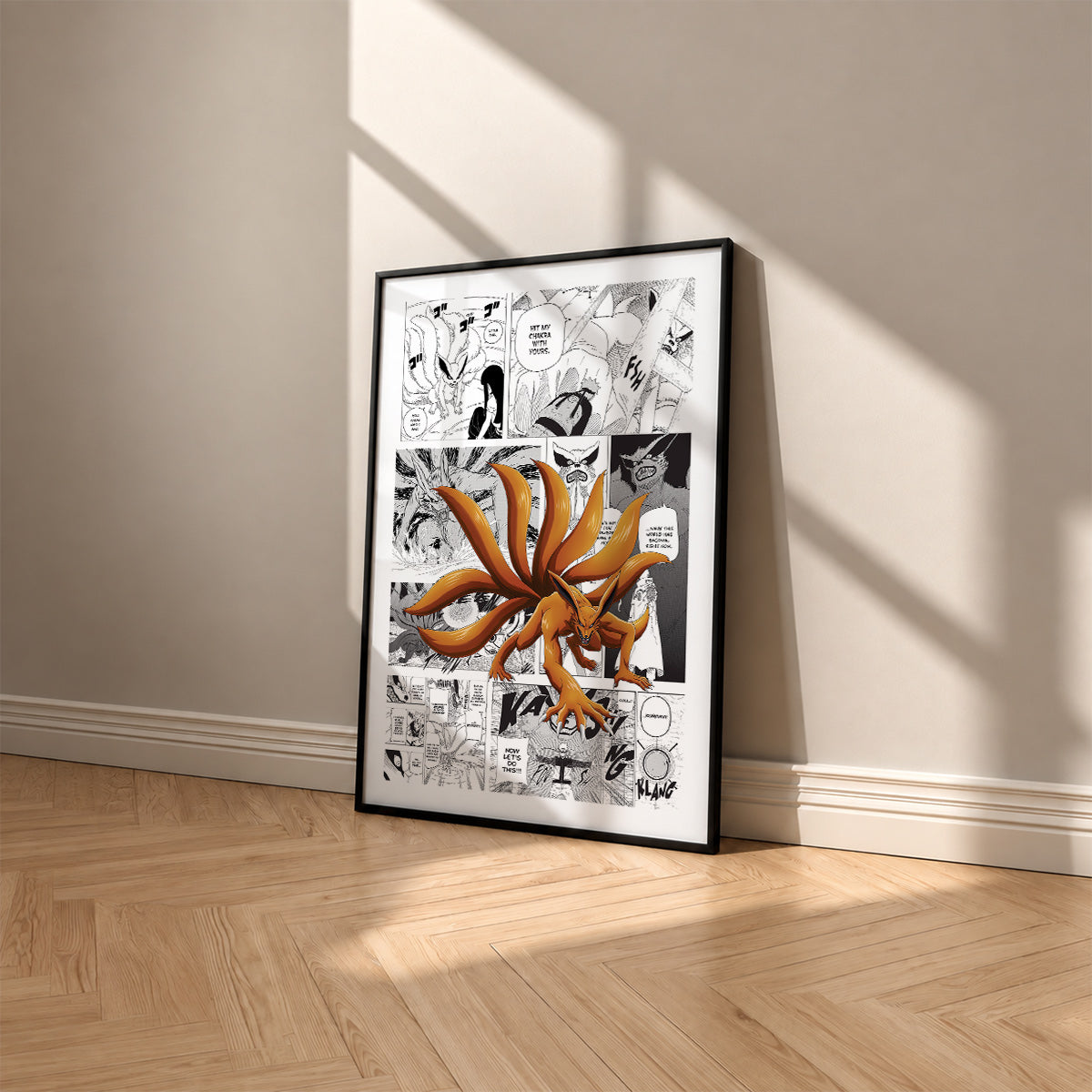 Kurama Nine-Tailed Fox manga poster inspired by Naruto in a black frame against a warm beige wall