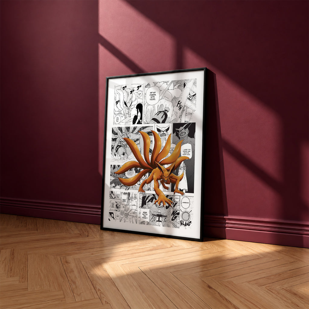 Kurama Nine-Tailed Fox manga poster inspired by Naruto in a black frame against a burgundy wall
