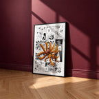 Kurama Nine-Tailed Fox manga poster inspired by Naruto in a black frame against a burgundy wall