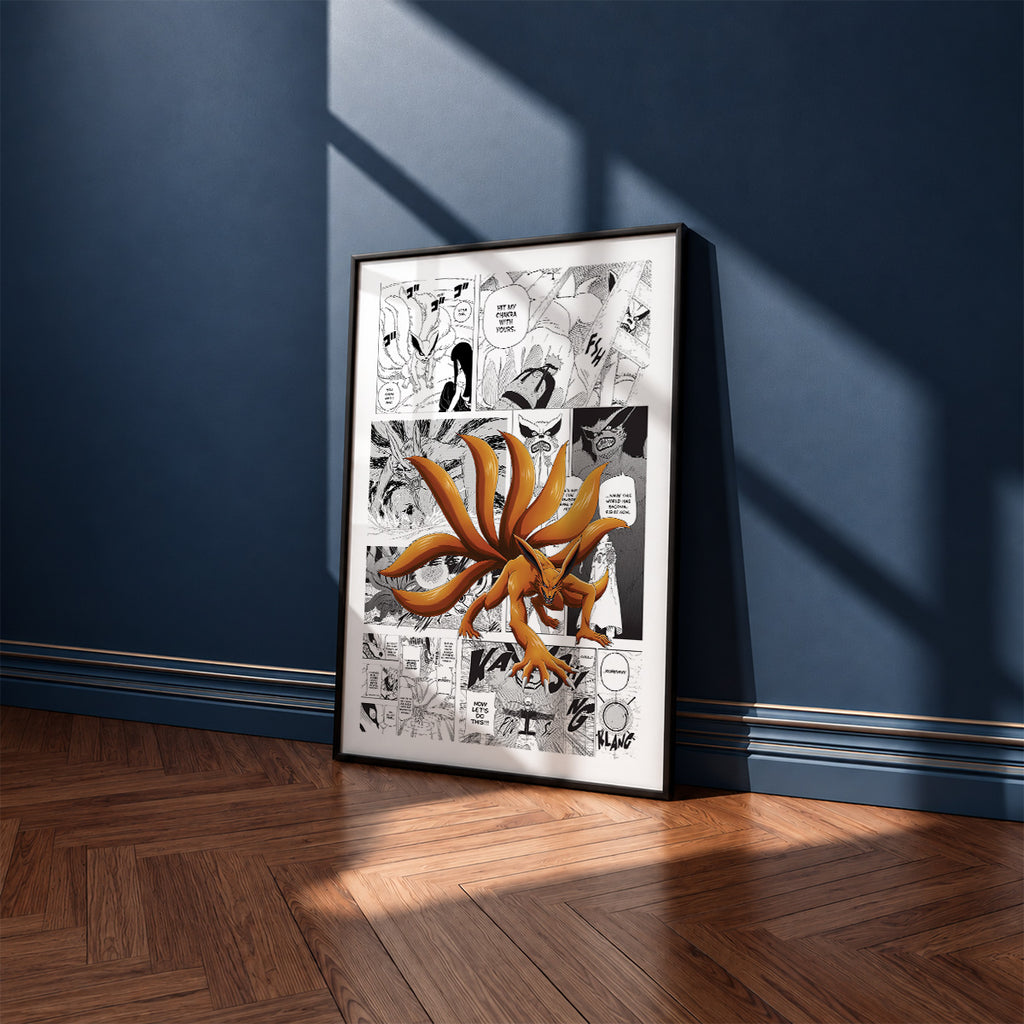 Kurama Nine-Tailed Fox manga poster inspired by Naruto in a black frame against a navy blue wall