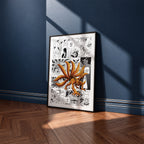 Kurama Nine-Tailed Fox manga poster inspired by Naruto in a black frame against a navy blue wall