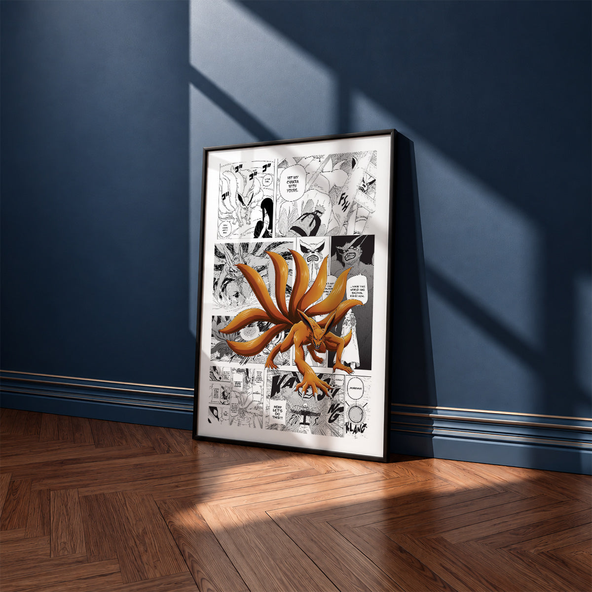 Kurama Nine-Tailed Fox manga poster inspired by Naruto in a black frame against a navy blue wall