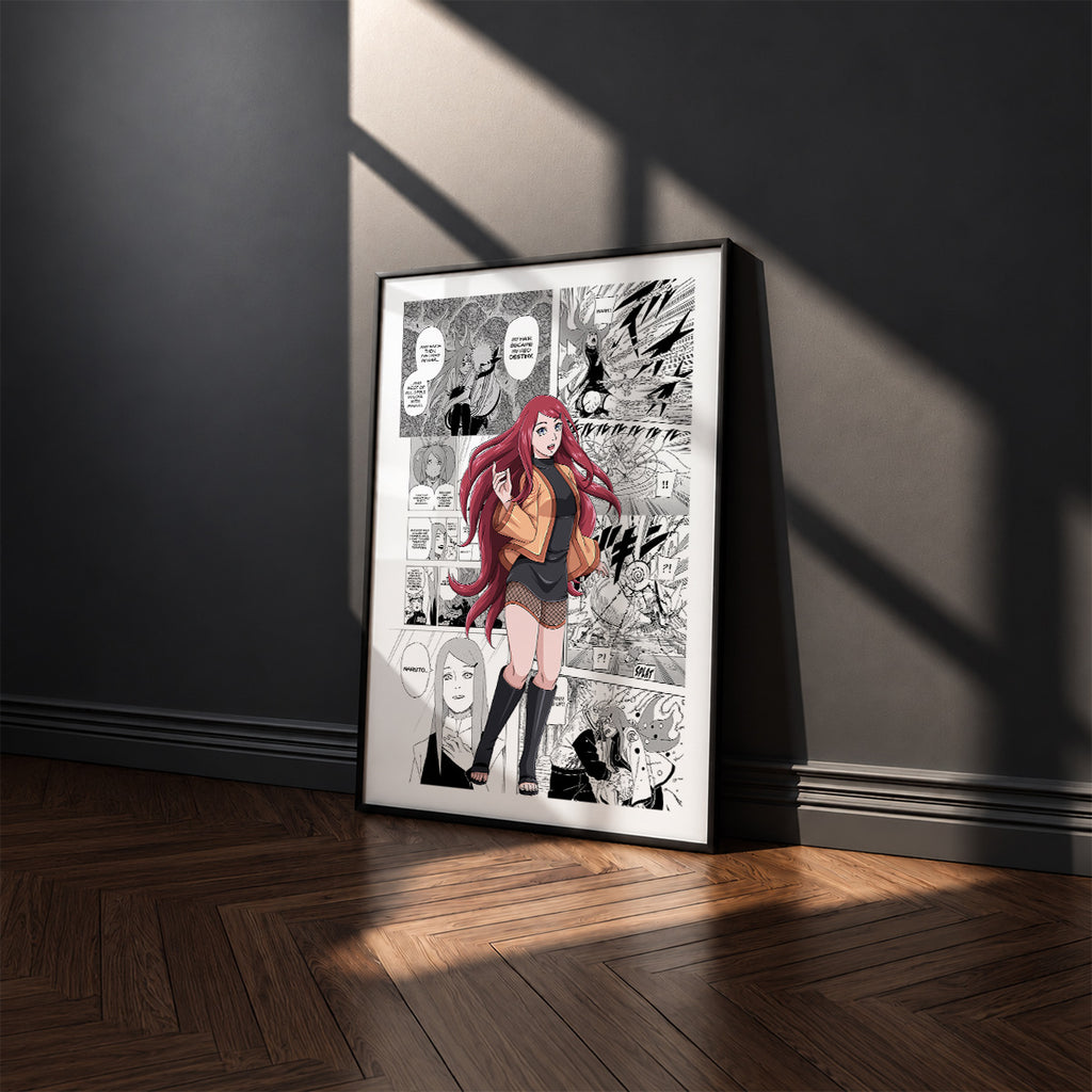 Kushina Uzumaki manga poster inspired by Naruto in a black frame against a charcoal gray wall