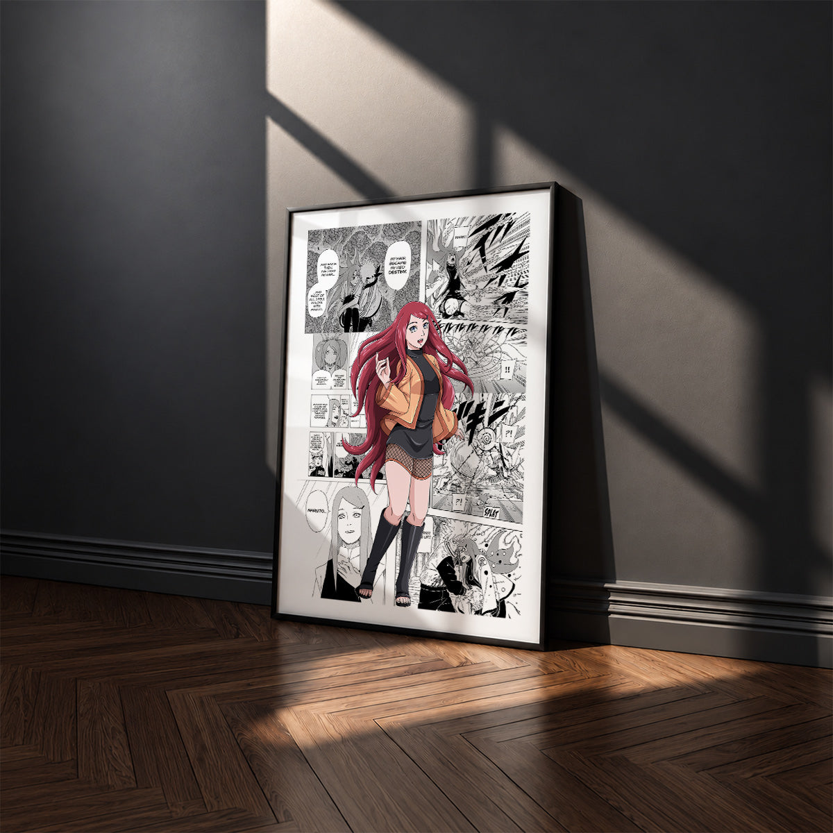 Kushina Uzumaki manga poster inspired by Naruto in a black frame against a charcoal gray wall