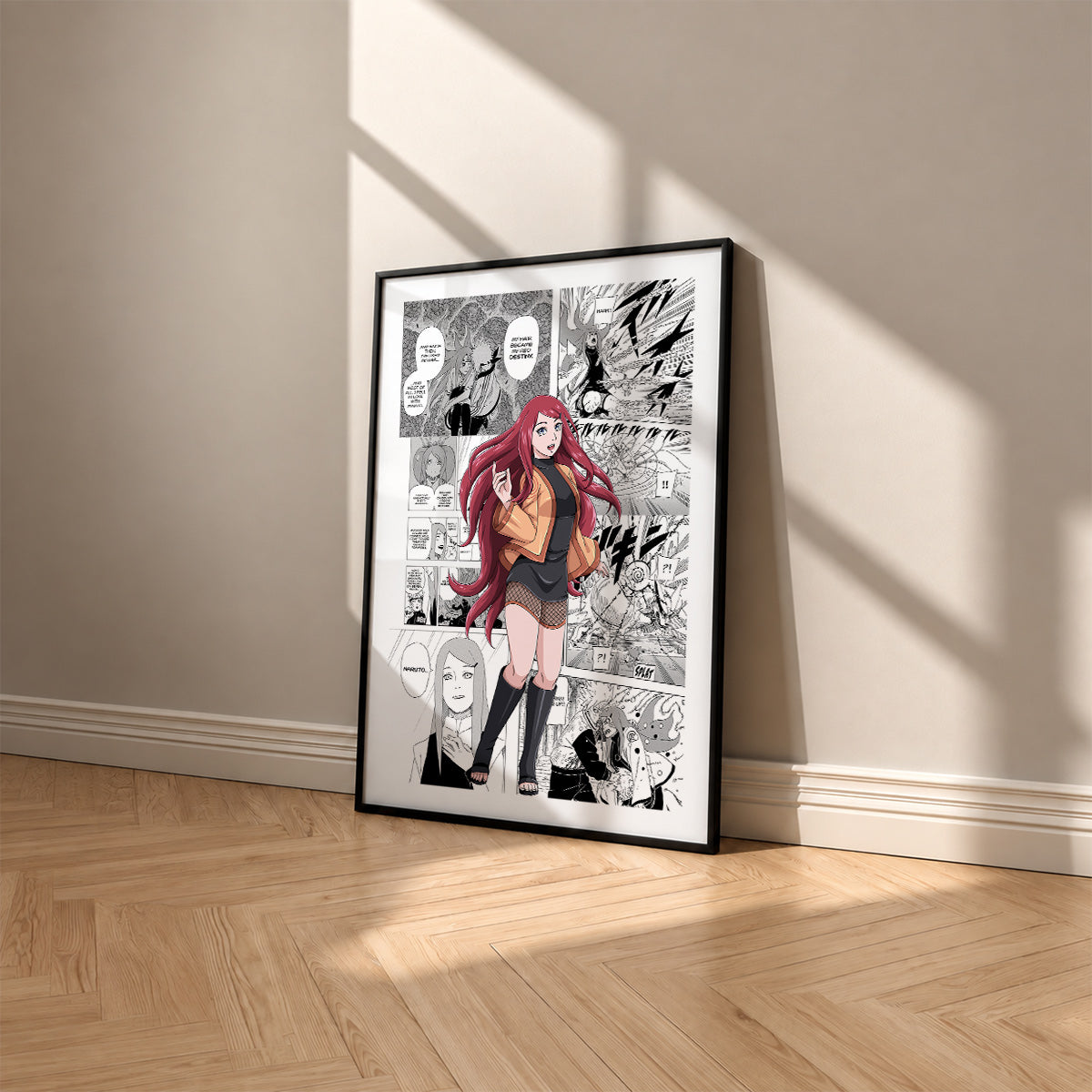 Kushina Uzumaki manga poster inspired by Naruto in a black frame against a warm beige wall