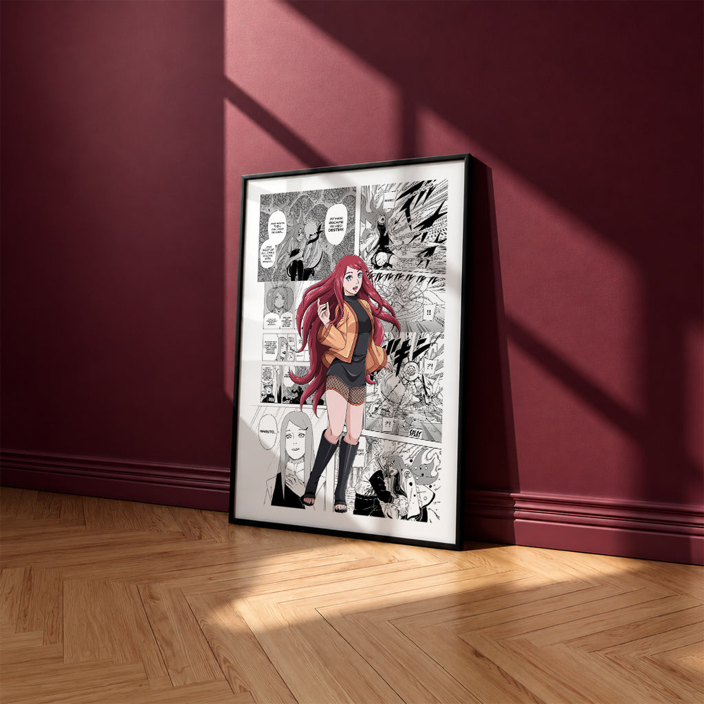 Kushina Uzumaki manga poster inspired by Naruto in a black frame against a burgundy wall