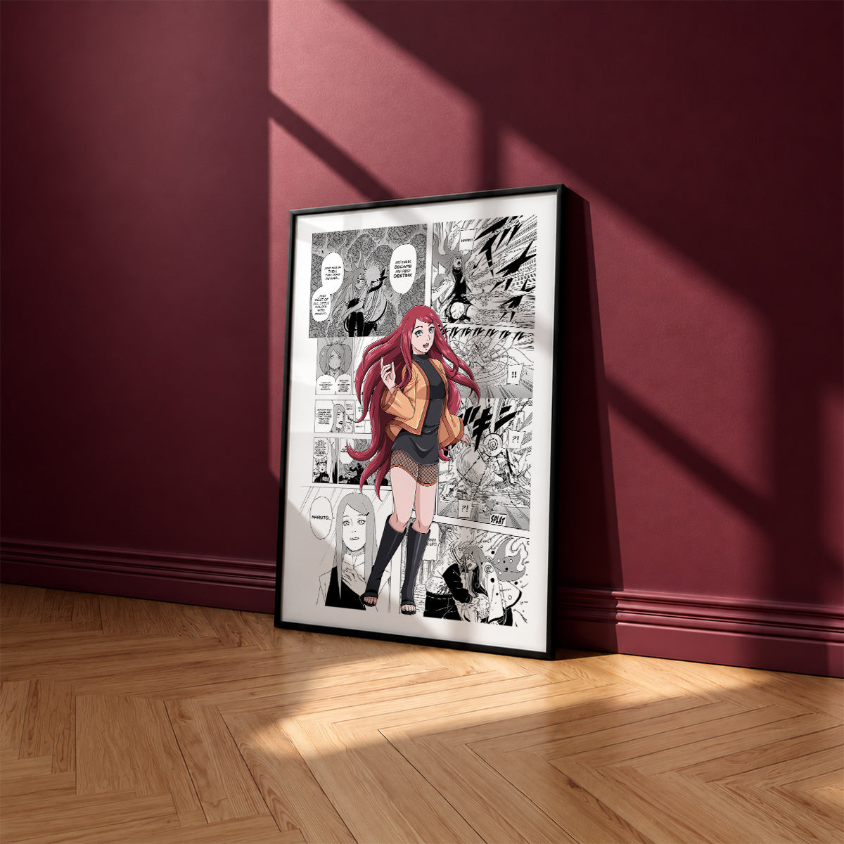 Kushina Uzumaki manga poster inspired by Naruto in a black frame against a burgundy wall