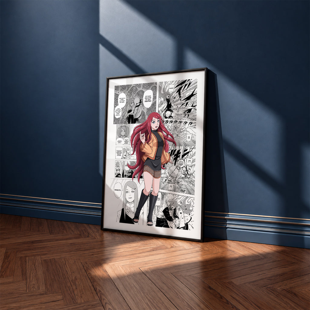 Kushina Uzumaki manga poster inspired by Naruto in a black frame against a navy blue wall