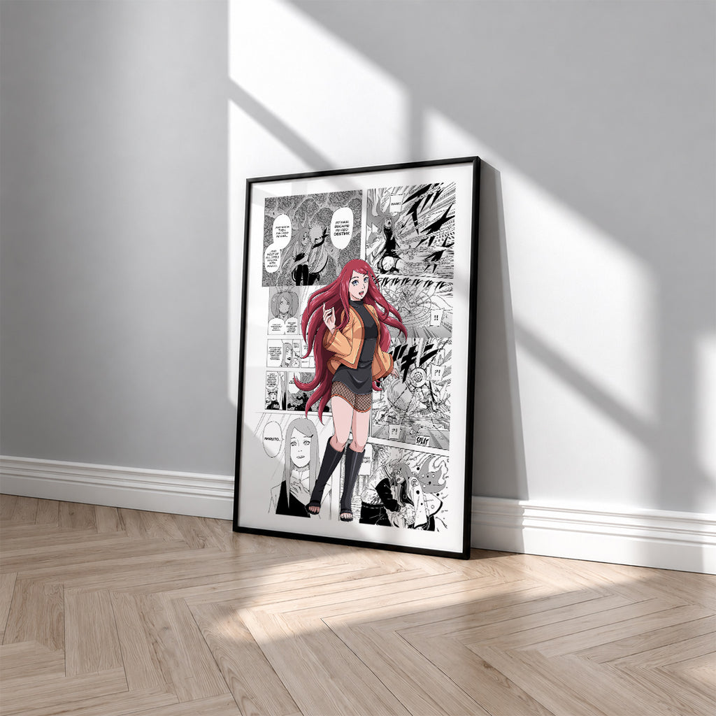 Kushina Uzumaki manga poster inspired by Naruto in a black frame against a light gray wall