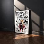 Kyojuro Rengoku manga poster inspired by Demon Slayer in a black frame against a charcoal gray wall