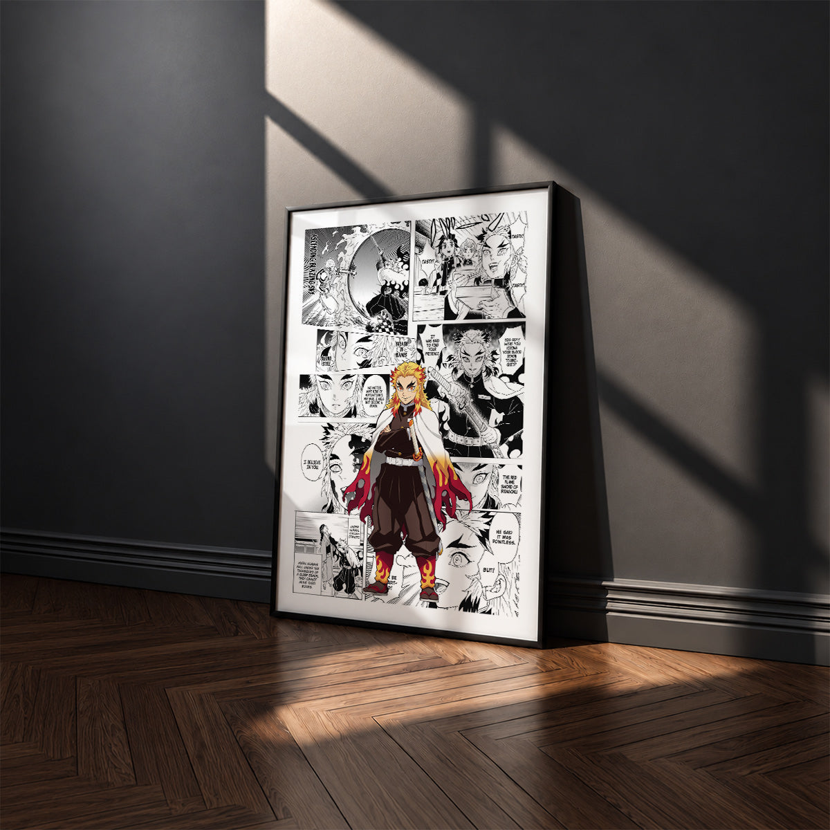 Kyojuro Rengoku manga poster inspired by Demon Slayer in a black frame against a charcoal gray wall