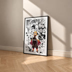 Kyojuro Rengoku manga poster inspired by Demon Slayer in a black frame against a warm beige wall