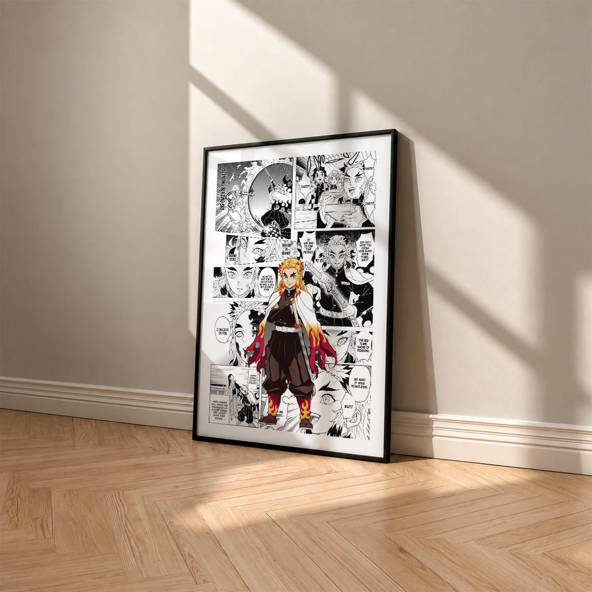 Kyojuro Rengoku manga poster inspired by Demon Slayer in a black frame against a warm beige wall