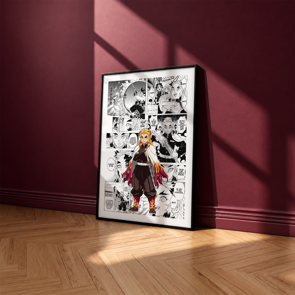 Kyojuro Rengoku manga poster inspired by Demon Slayer in a black frame against a burgundy wall
