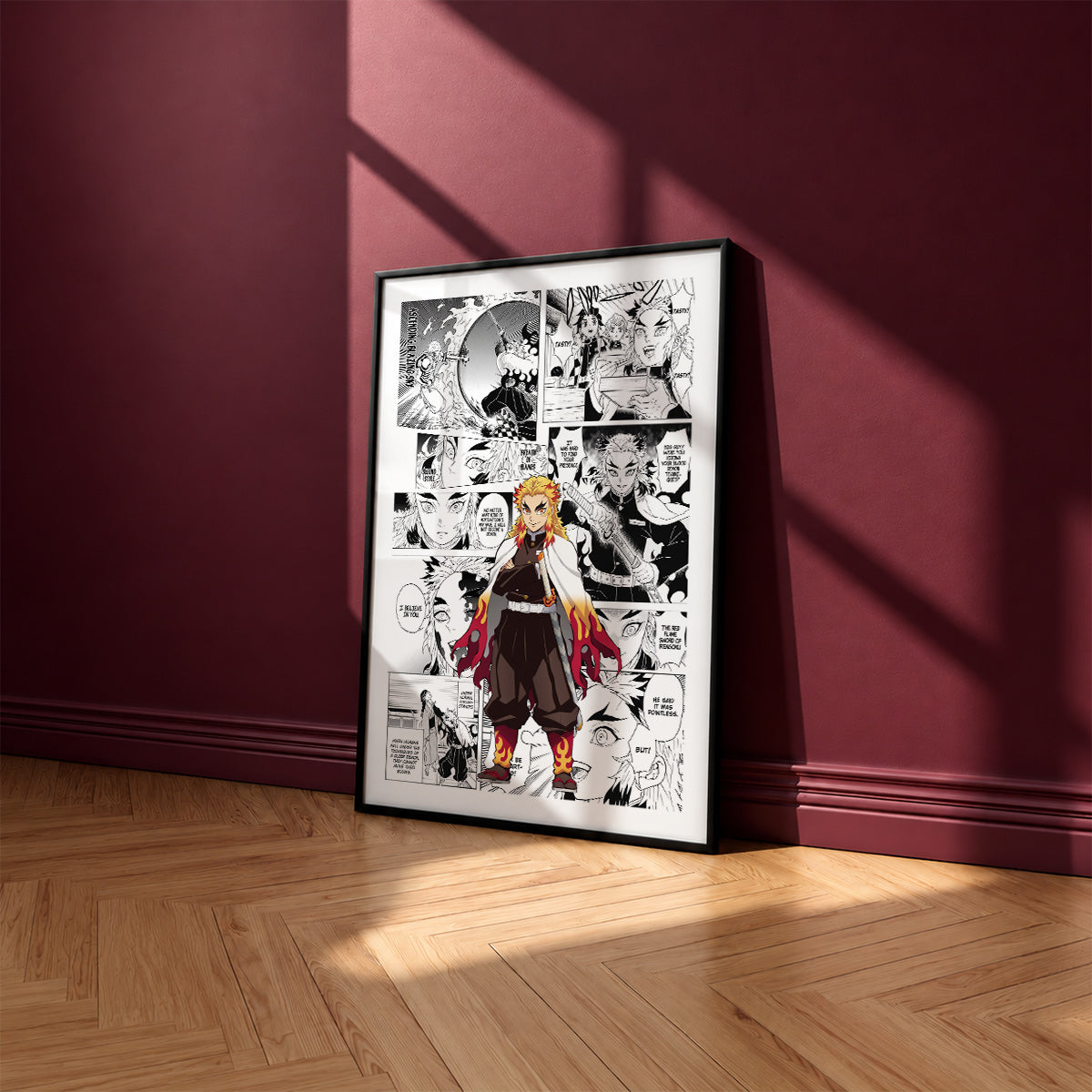 Kyojuro Rengoku manga poster inspired by Demon Slayer in a black frame against a burgundy wall