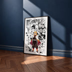 Kyojuro Rengoku manga poster inspired by Demon Slayer in a black frame against a navy blue wall