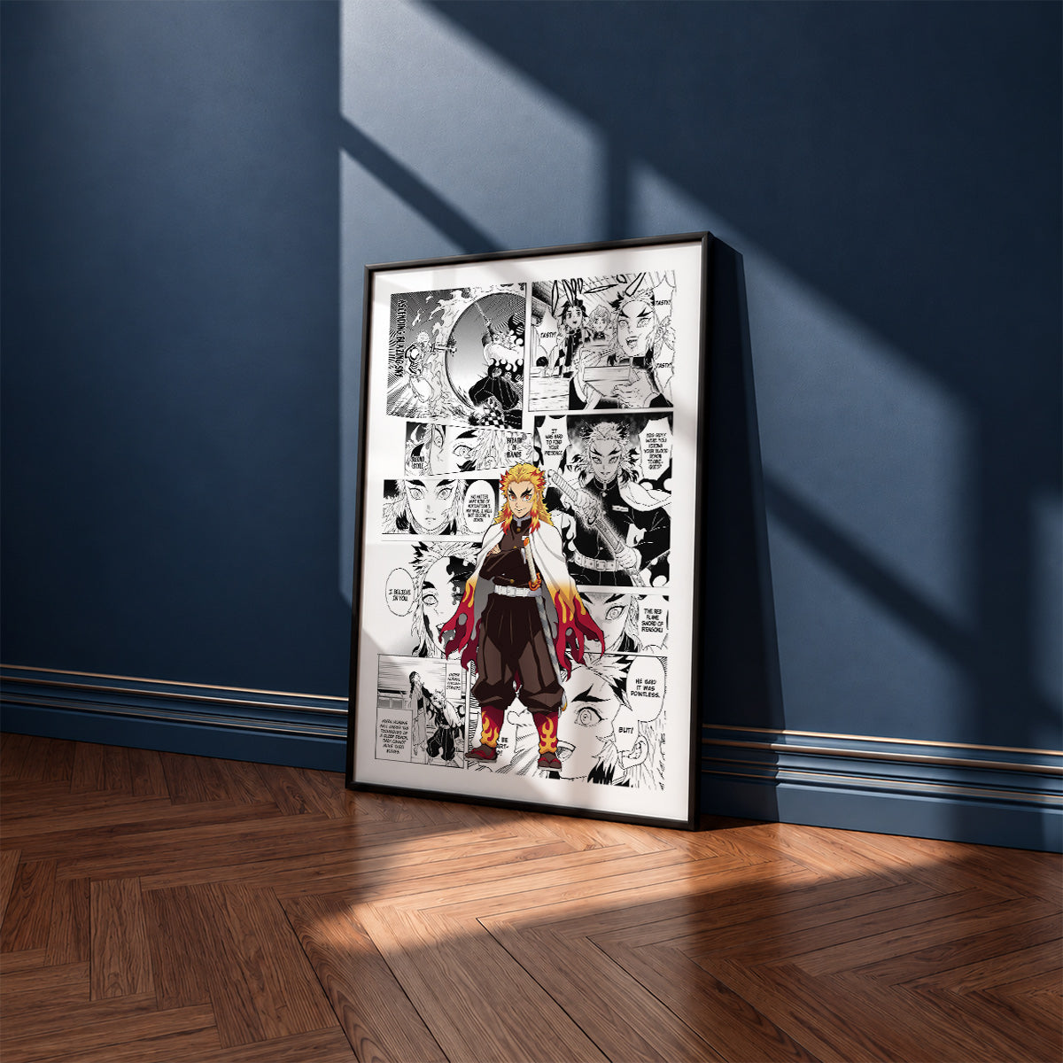 Kyojuro Rengoku manga poster inspired by Demon Slayer in a black frame against a navy blue wall
