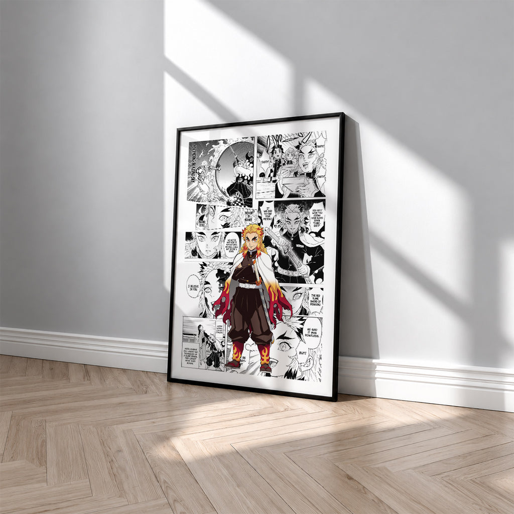 Kyojuro Rengoku manga poster inspired by Demon Slayer in a black frame against a light gray wall