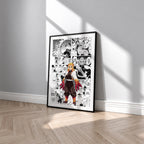 Kyojuro Rengoku manga poster inspired by Demon Slayer in a black frame against a light gray wall