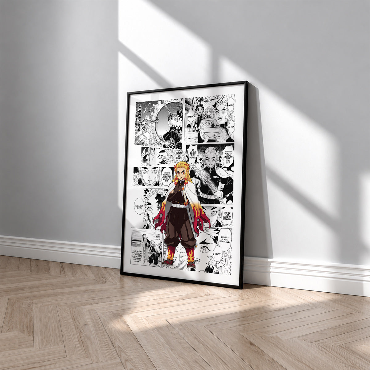 Kyojuro Rengoku manga poster inspired by Demon Slayer in a black frame against a light gray wall