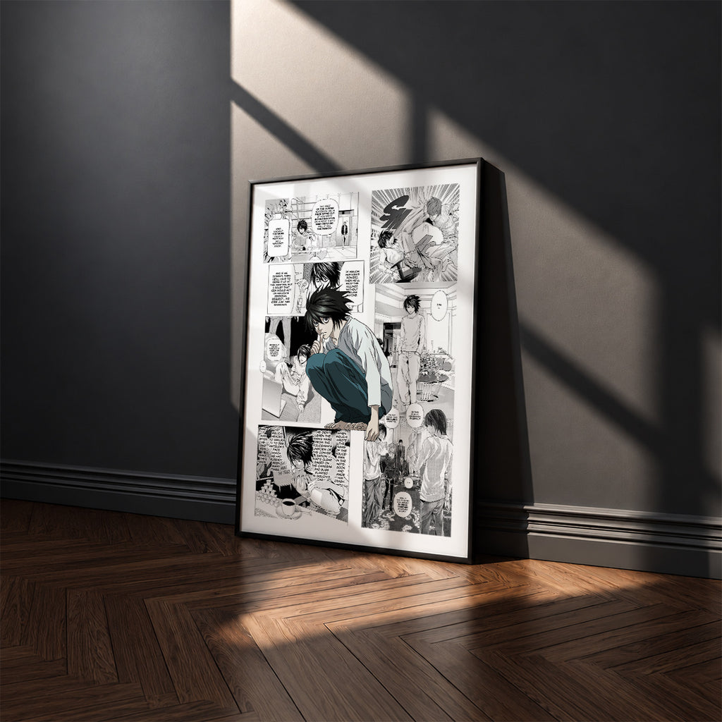 L Lawliet manga poster inspired by Death Note in a black frame against a charcoal gray wall