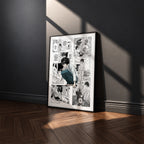 L Lawliet manga poster inspired by Death Note in a black frame against a charcoal gray wall