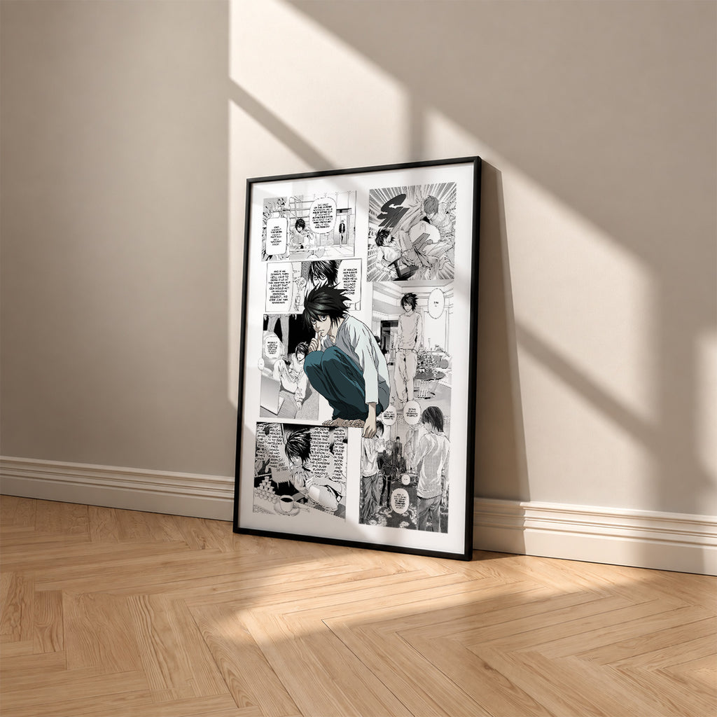 L Lawliet manga poster inspired by Death Note in a black frame against a warm beige wall