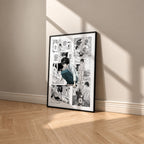 L Lawliet manga poster inspired by Death Note in a black frame against a warm beige wall