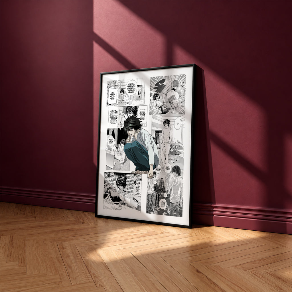 L Lawliet manga poster inspired by Death Note in a black frame against a burgundy wall