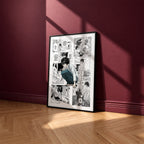 L Lawliet manga poster inspired by Death Note in a black frame against a burgundy wall