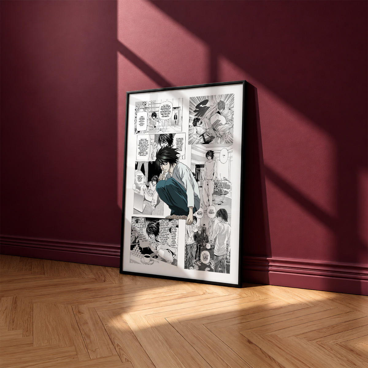 L Lawliet manga poster inspired by Death Note in a black frame against a burgundy wall