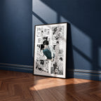 L Lawliet manga poster inspired by Death Note in a black frame against a navy blue wall