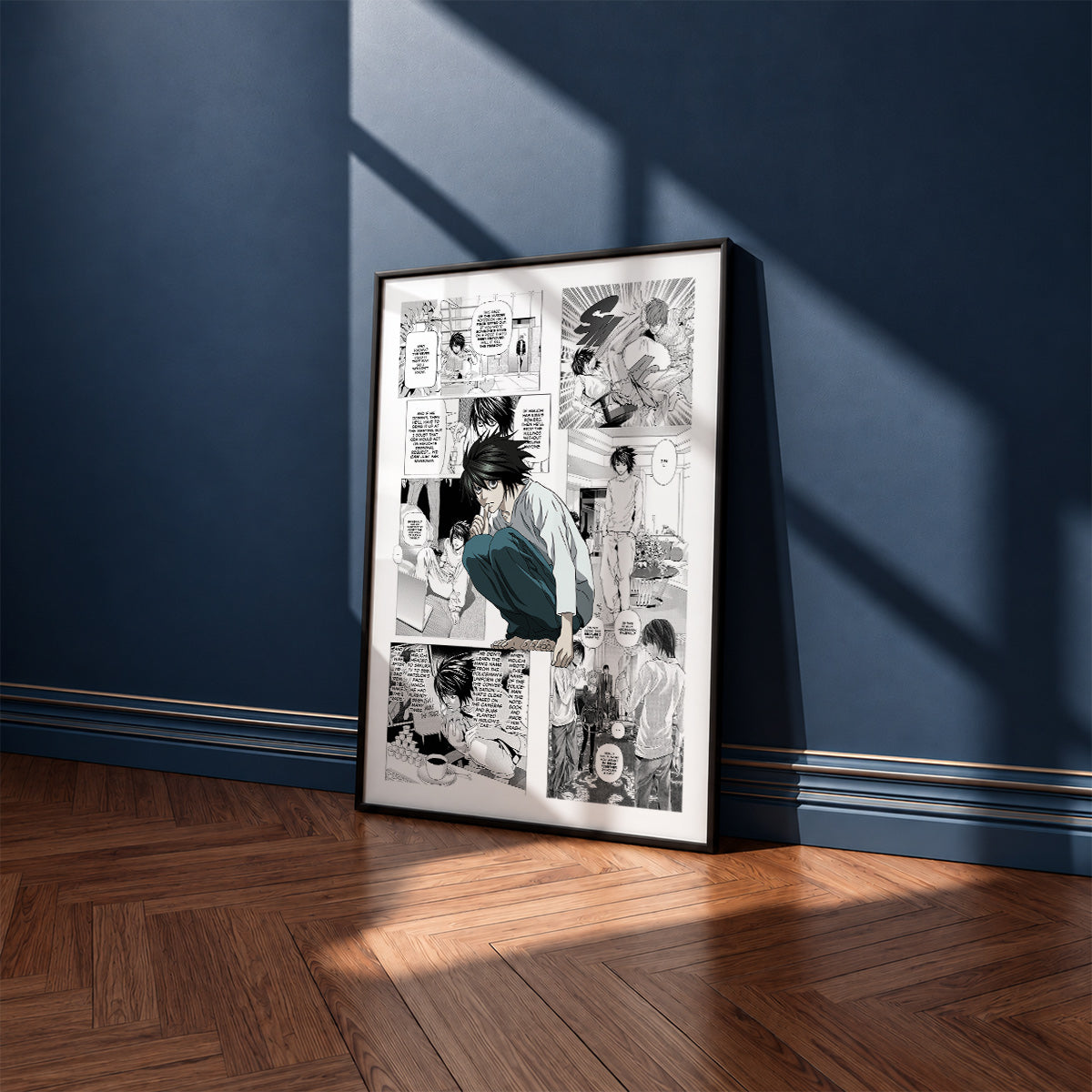 L Lawliet manga poster inspired by Death Note in a black frame against a navy blue wall