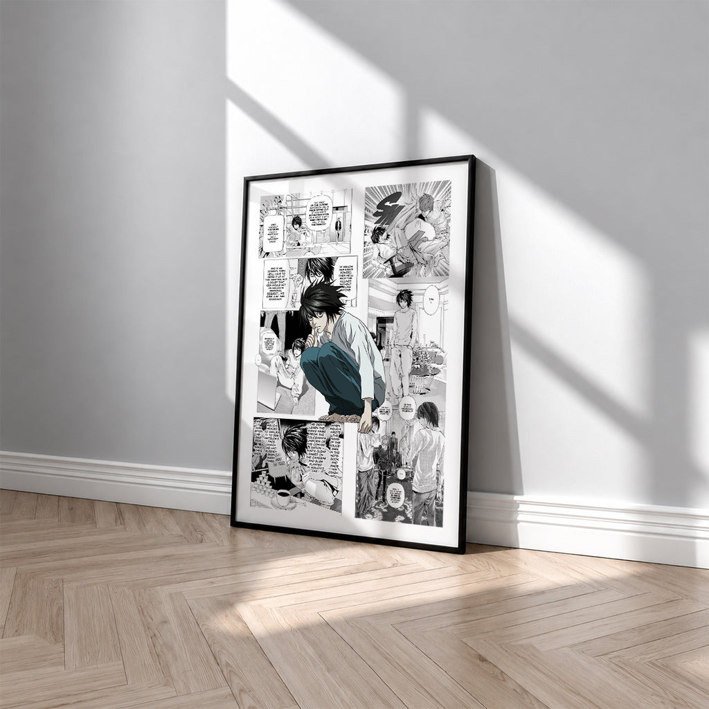 L Lawliet manga poster inspired by Death Note in a black frame against a light gray wall