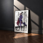 Lelouch Lamperouge manga poster inspired by Code Geass in a black frame against a charcoal gray wall
