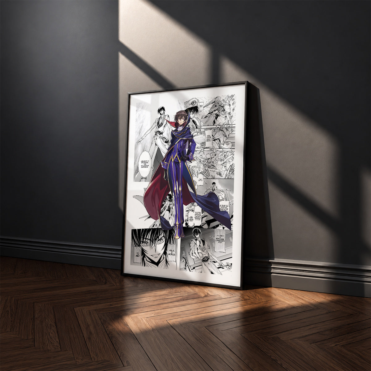 Lelouch Lamperouge manga poster inspired by Code Geass in a black frame against a charcoal gray wall