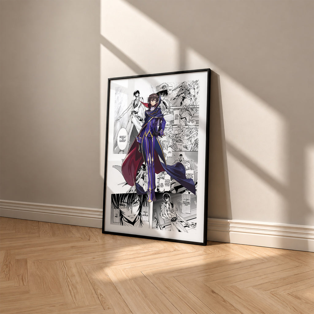 Lelouch Lamperouge manga poster inspired by Code Geass in a black frame against a warm beige wall