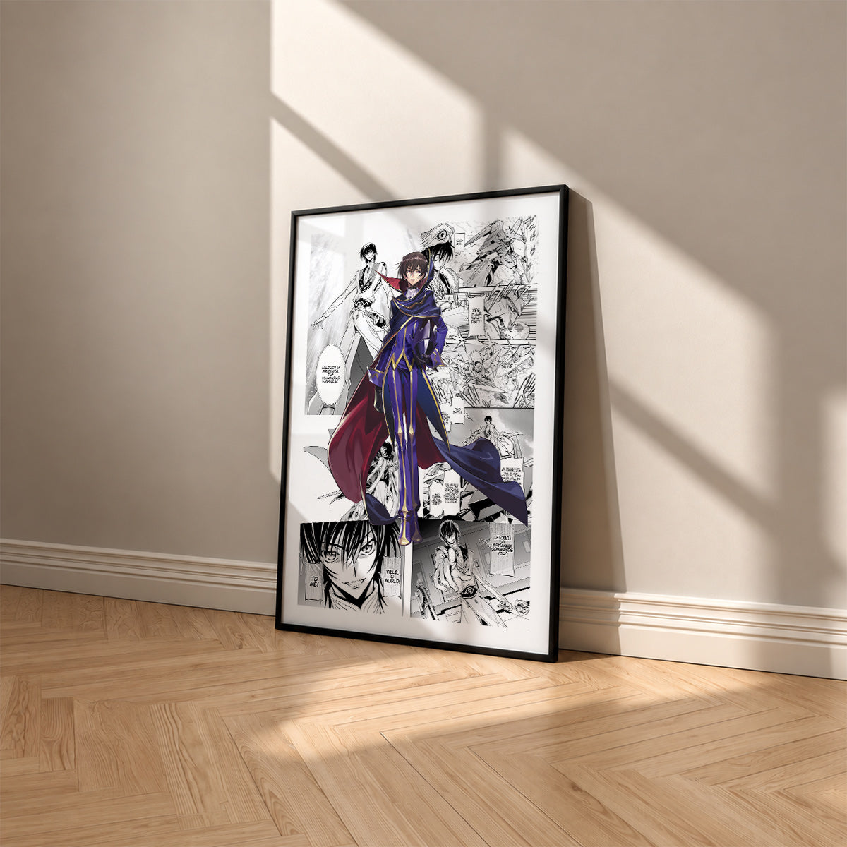 Lelouch Lamperouge manga poster inspired by Code Geass in a black frame against a warm beige wall