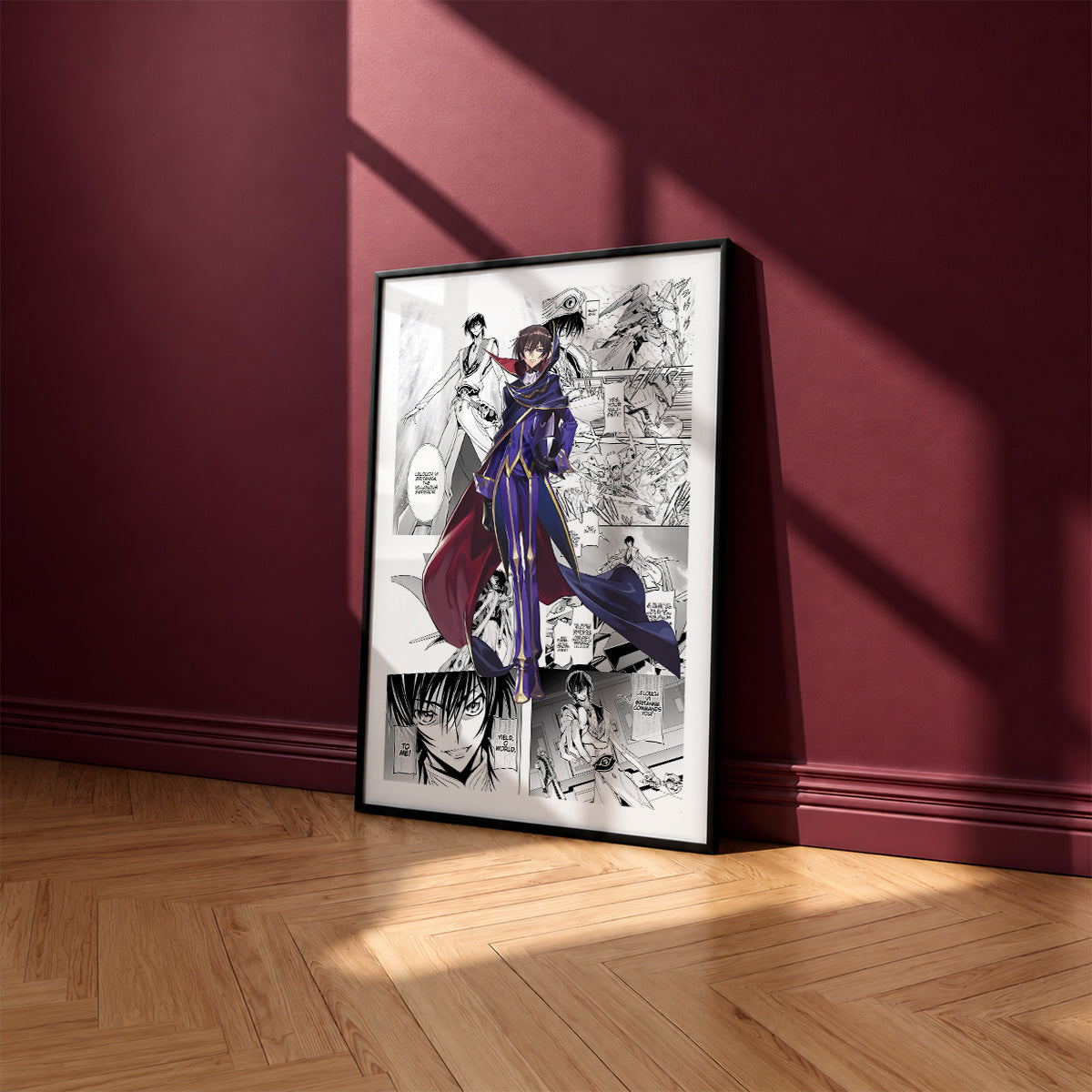 Lelouch Lamperouge manga poster inspired by Code Geass in a black frame against a burgundy wall
