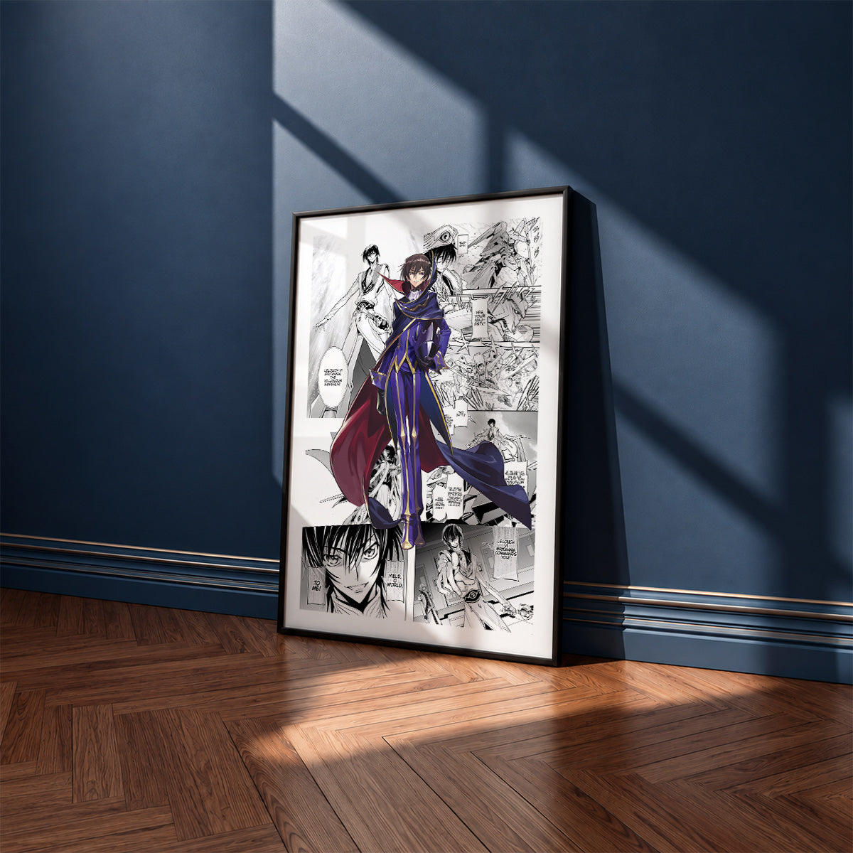 Lelouch Lamperouge manga poster inspired by Code Geass in a black frame against a navy blue wall