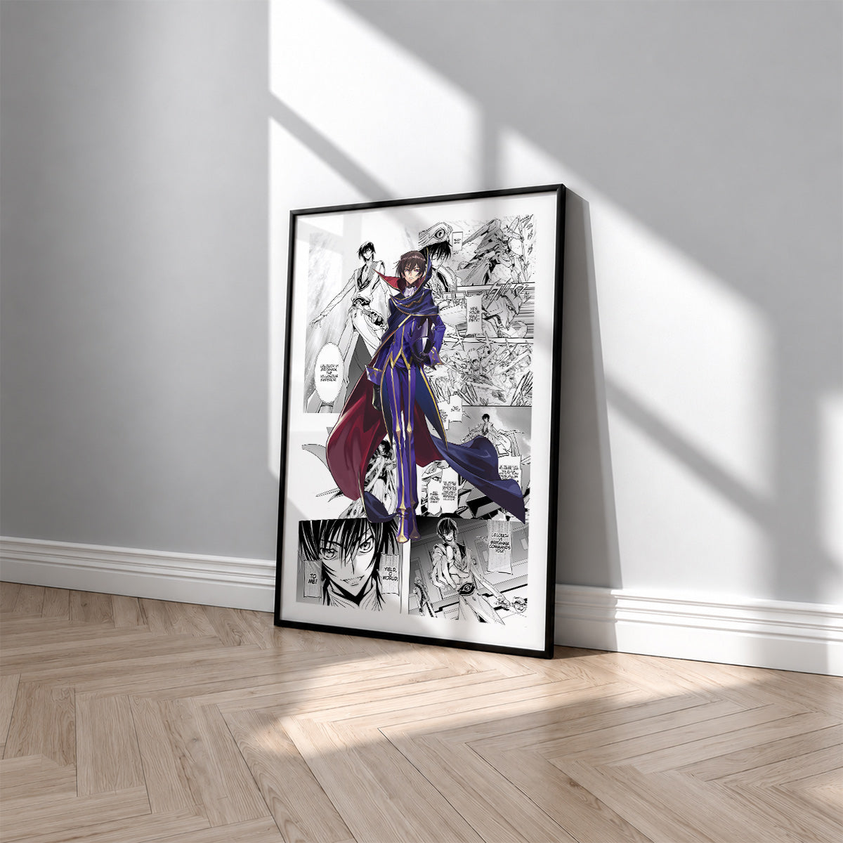 Lelouch Lamperouge manga poster inspired by Code Geass in a black frame against a light gray wall