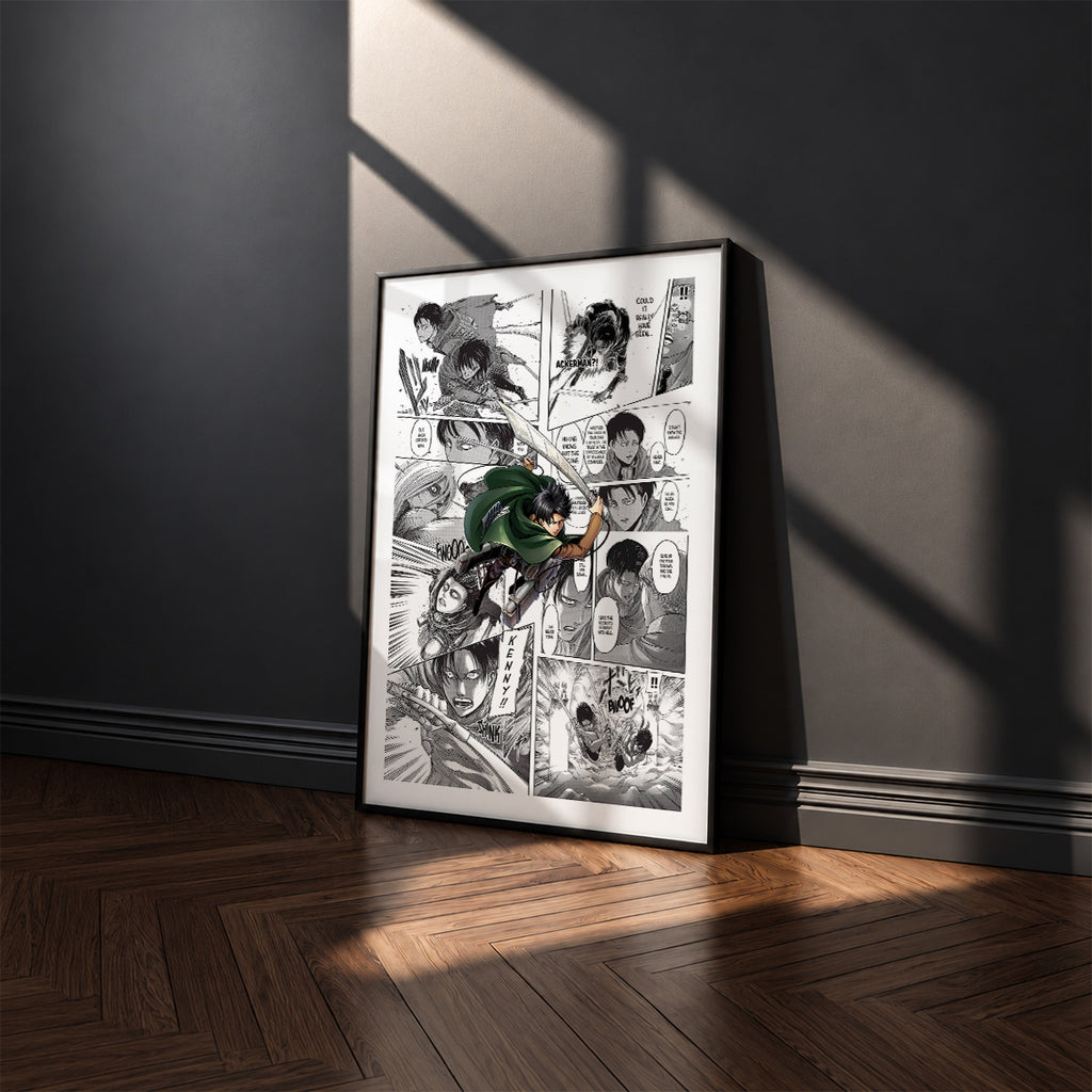 Levi Ackerman manga poster inspired by Attack on Titan in a black frame against a charcoal gray wall