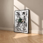 Levi Ackerman manga poster inspired by Attack on Titan in a black frame against a warm beige wall