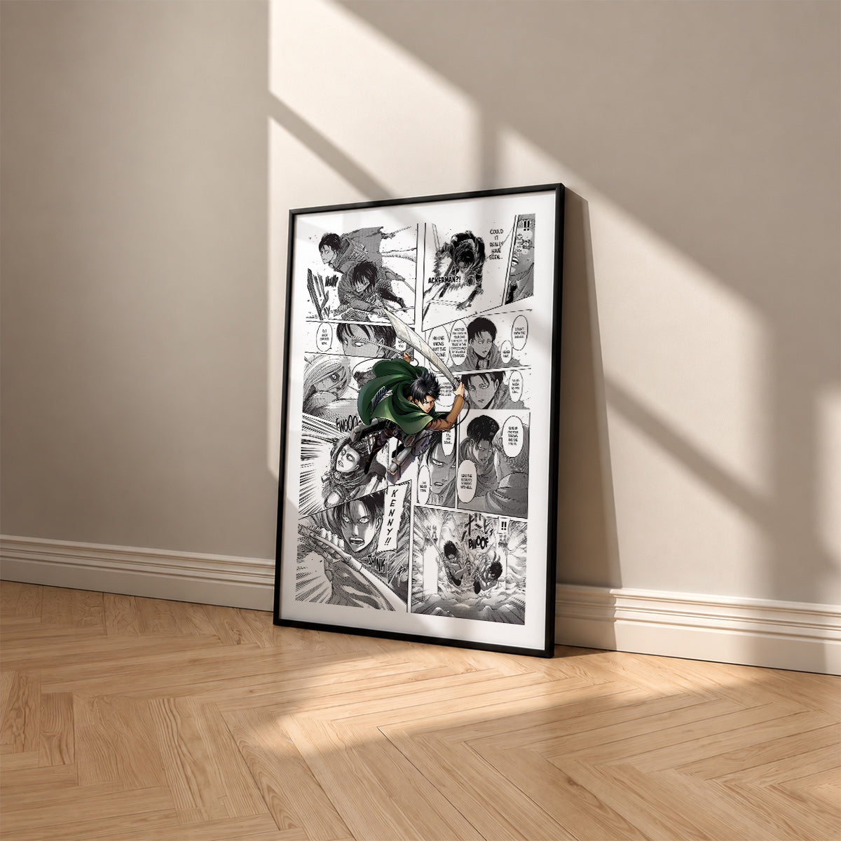 Levi Ackerman manga poster inspired by Attack on Titan in a black frame against a warm beige wall