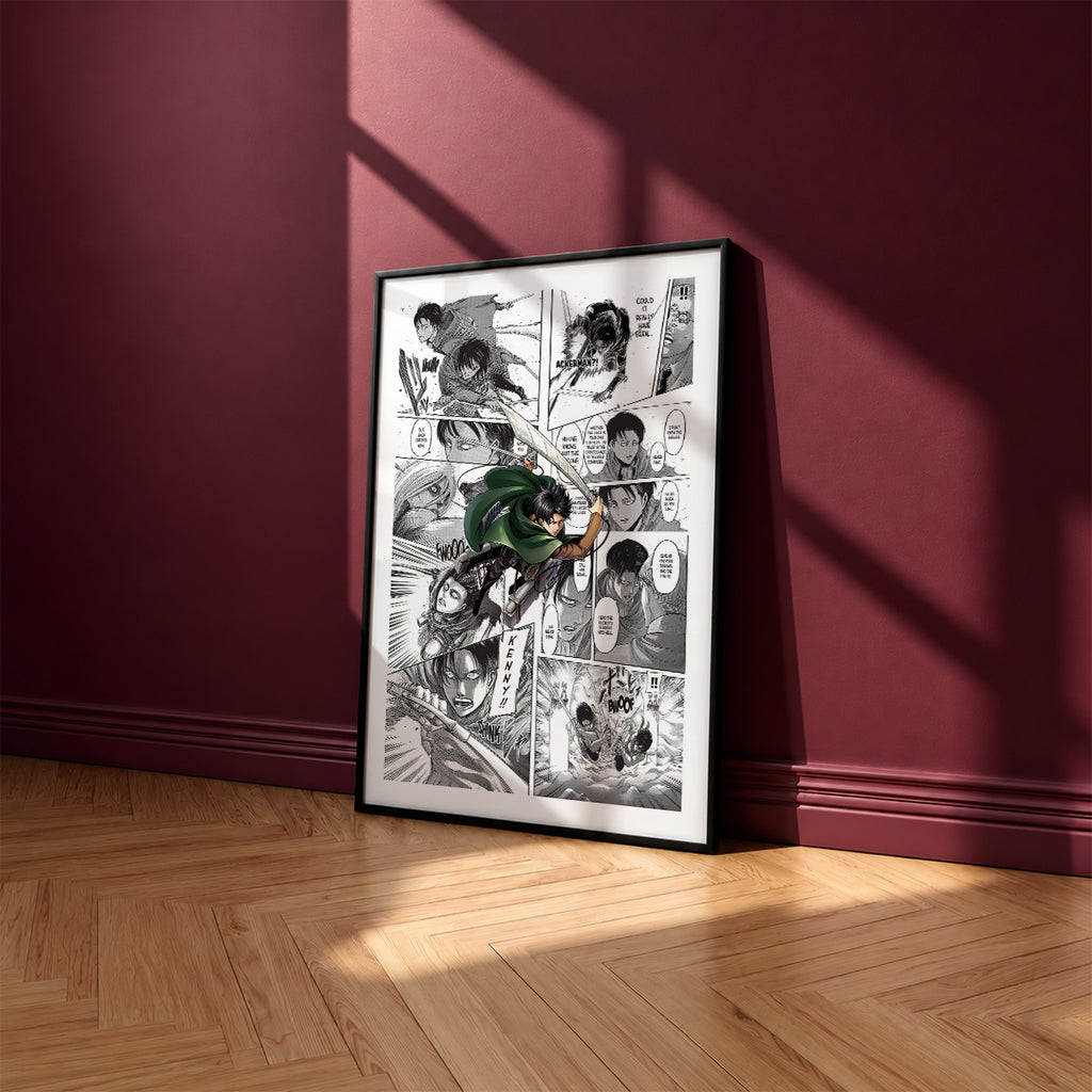 Levi Ackerman manga poster inspired by Attack on Titan in a black frame against a burgundy wall