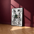 Levi Ackerman manga poster inspired by Attack on Titan in a black frame against a burgundy wall