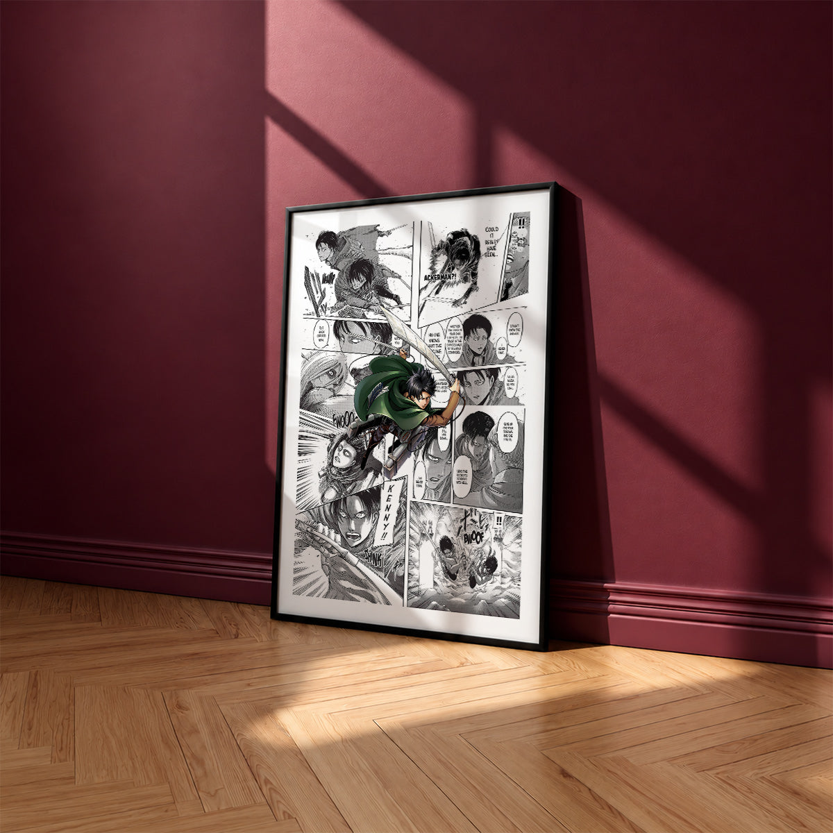 Levi Ackerman manga poster inspired by Attack on Titan in a black frame against a burgundy wall