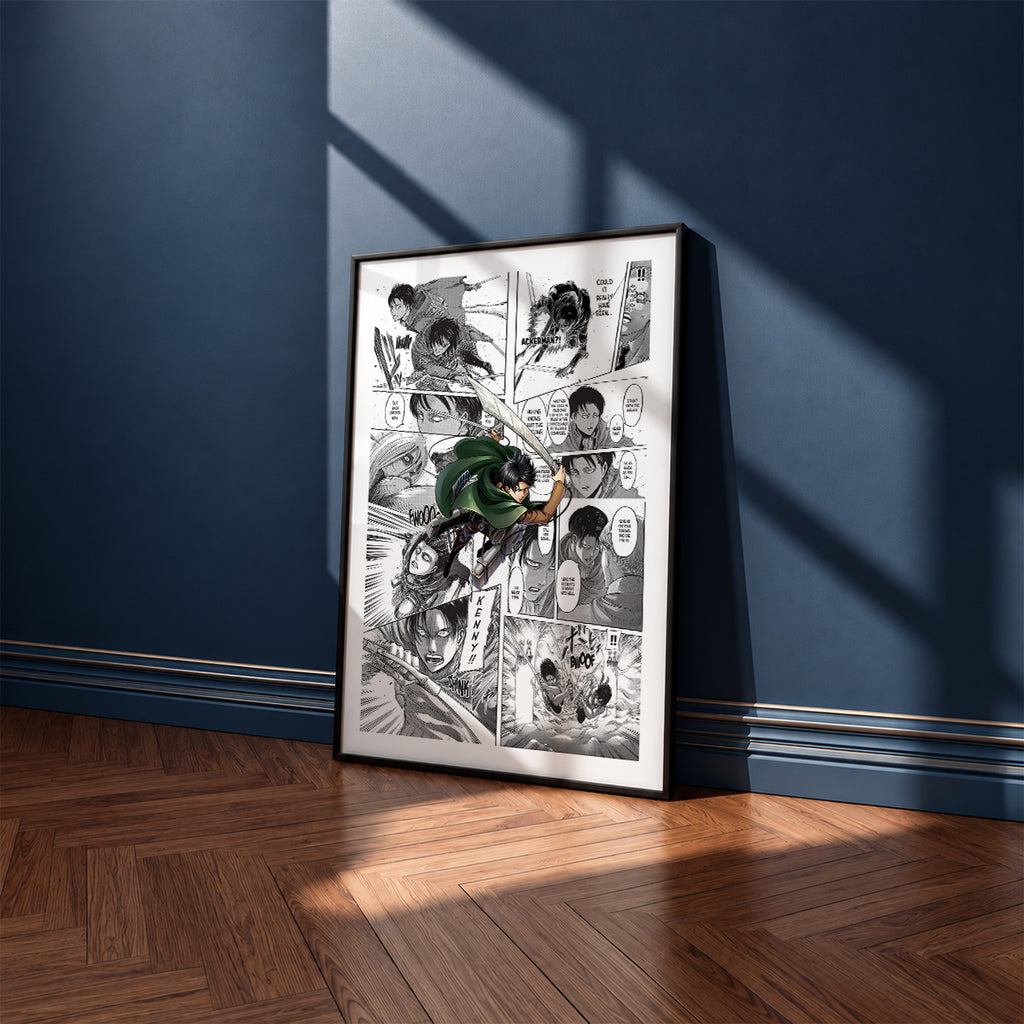 Levi Ackerman manga poster inspired by Attack on Titan in a black frame against a navy blue wall
